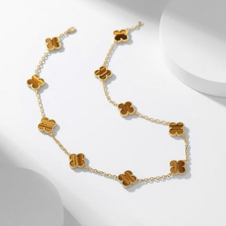 [LUCKY LOVE]CLOVER 10 MOTIFS TIGER EYE NECKLACE