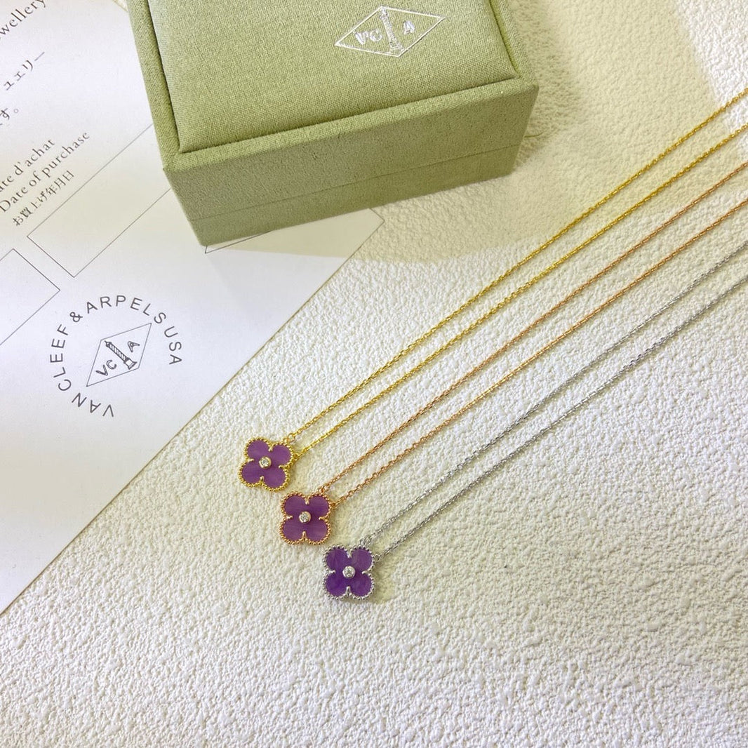 [LUCKY LOVE]CLOVER 15MM DIAMOND  PURPLE VIOLET NECKLACE