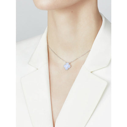 [LUCKY LOVE]CLOVER 15MM BLUE CHALCEDONY NECKLACE SILVER