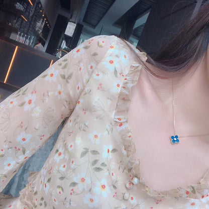 [LUCKY LOVE]CLOVER 15MM DIAMOND AND BLUE AGATE NECKLACE