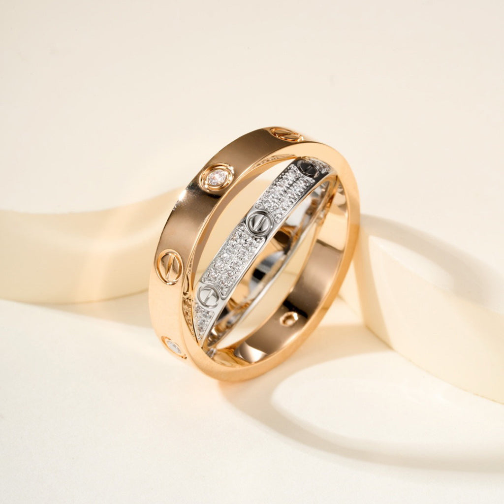 [LUCKY LOVE]LOVE PINK GOLD SILVER DIAMOND DOUBLE RING