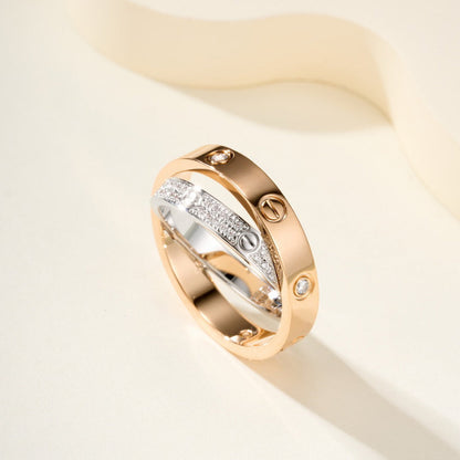 [LUCKY LOVE]LOVE PINK GOLD SILVER DIAMOND DOUBLE RING