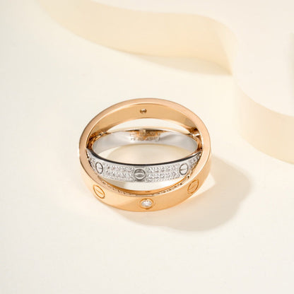 [LUCKY LOVE]LOVE PINK GOLD SILVER DIAMOND DOUBLE RING