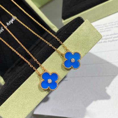 [LUCKY LOVE]CLOVER 15MM DIAMOND AND BLUE AGATE NECKLACE