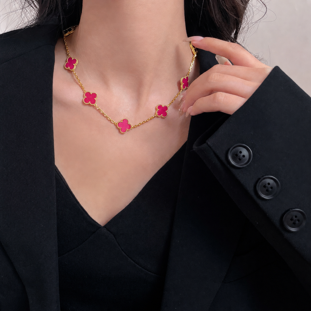[LUCKY LOVE]NEW CLOVER 10 MOTIFS PINK ENAMEL NECKLACE