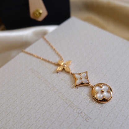 [LUCKY LOVE]COLOR BLOSSOM LARIAT NECKLACE PINK GOLD WHITE MOTHER PEARL AND DIAMOND