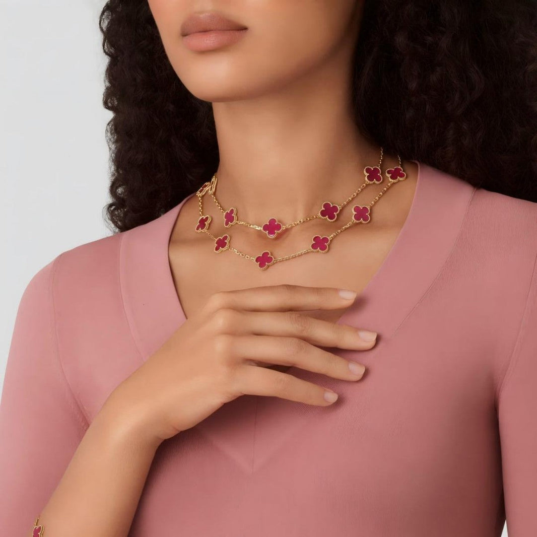 [LUCKY LOVE] NEW CLOVER 20 MOTIFS PINK ENAMEL NECKLACE