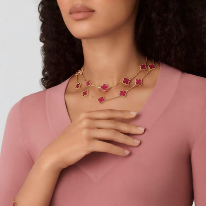 [LoveLucky]Clover Pink Enamel Necklace & Earring Jewelry Set