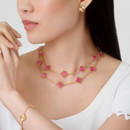 [LUCKY LOVE] NEW CLOVER 20 MOTIFS PINK ENAMEL NECKLACE