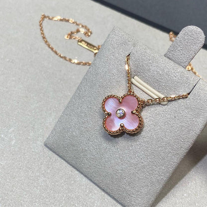 [LUCKY LOVE]CLOVER 15MM DIAMOND PINK MOP NECKLACE