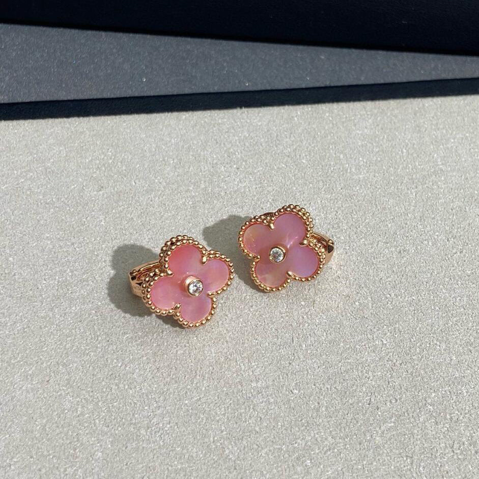 [LUCKY LOVE]CLOVER MEDIUM 1 DIAMOND PINK EARRINGS