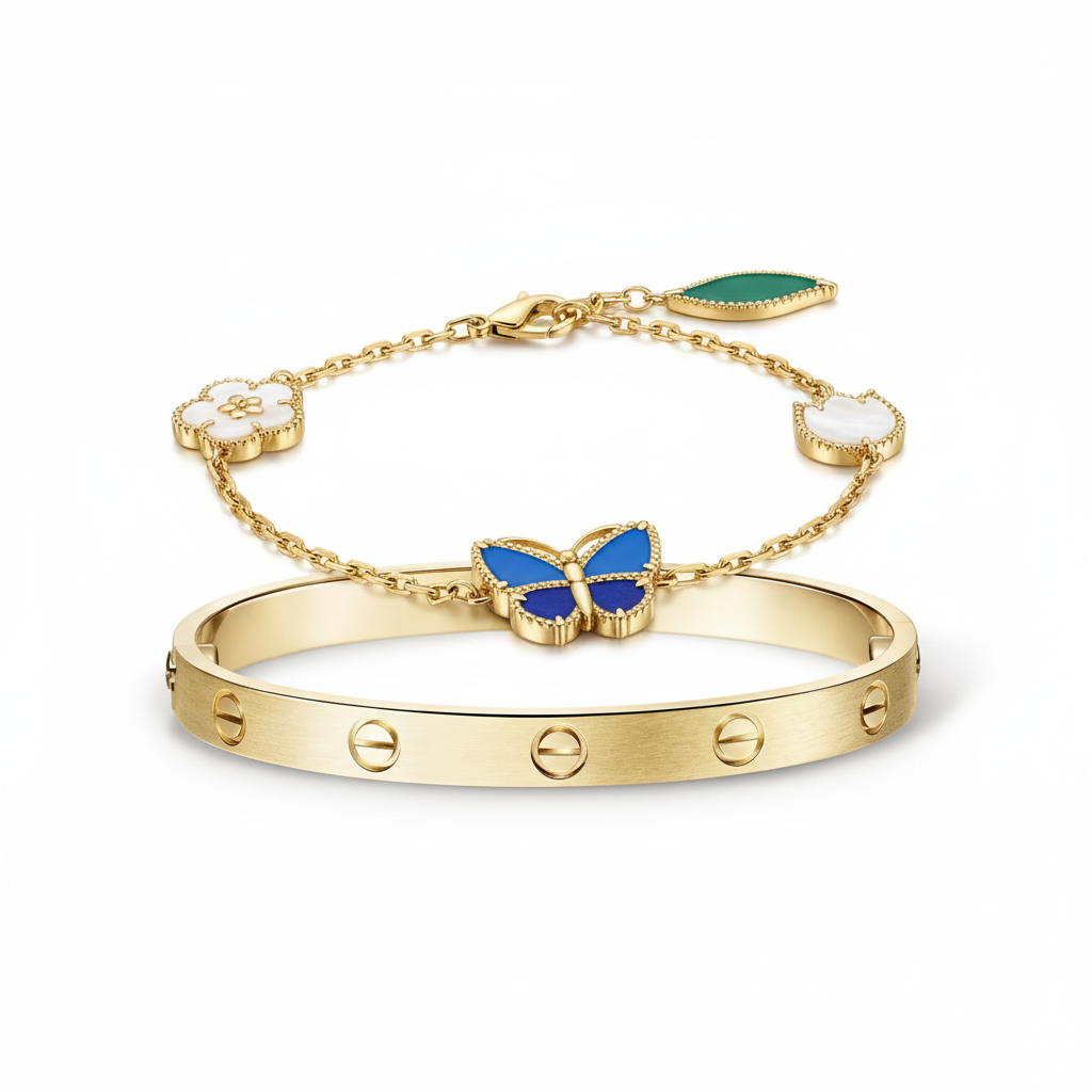 [LoveLucky] LOVE Brushed & Lucky Spring Butterfly 5-Motif Bracelet Stack Set