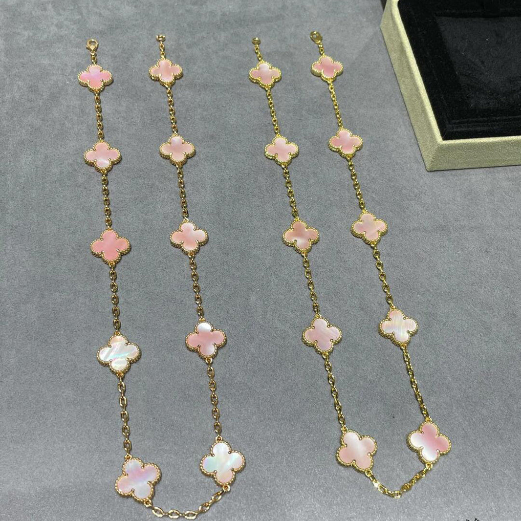 [LUCKY LOVE]CLOVER 10 MOTIFS PINK MOP NECKLACE