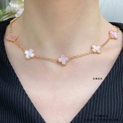 [LUCKY LOVE]CLOVER 10 MOTIFS PINK MOP NECKLACE