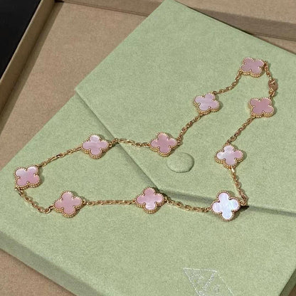 [LUCKY LOVE]CLOVER 10 MOTIFS PINK MOP NECKLACE