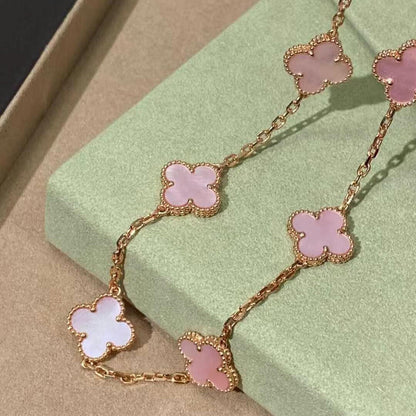 [LUCKY LOVE]CLOVER 10 MOTIFS PINK MOP NECKLACE