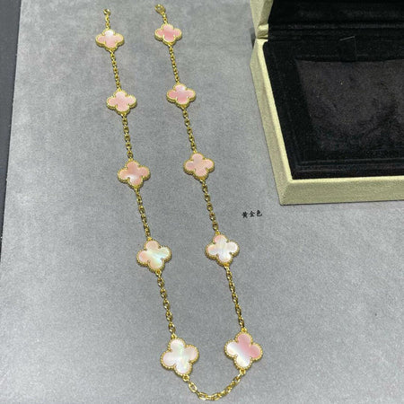 [LUCKY LOVE]CLOVER 10 MOTIFS PINK MOP NECKLACE