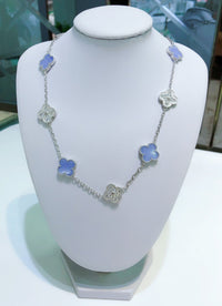 [LUCKY LOVE]CLOVER 10 MOTIFS CHALCEDONY DIAMONDS SILVER NECKLACE