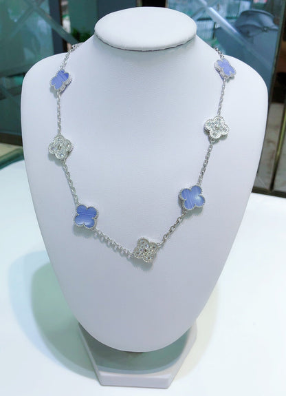 [LUCKY LOVE]CLOVER 10 MOTIFS CHALCEDONY DIAMONDS SILVER NECKLACE